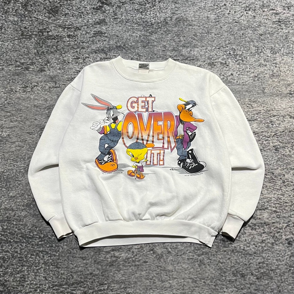 Vintage 90s Looney Tunes "Get Over It"‎ Crewneck Sweatshirt Womens Small White